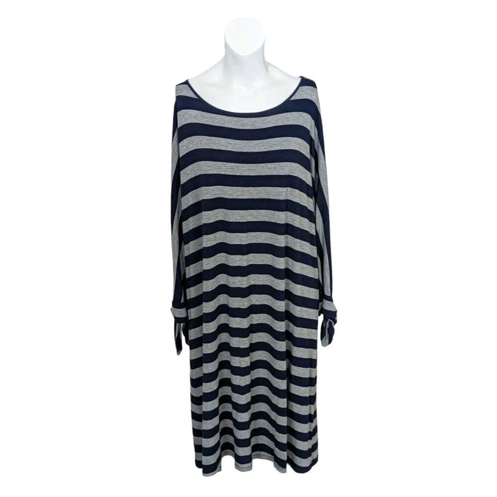 Soft Surroundings Adrift Dress Tie Cuffs Striped Blue Gray Nautical Jersey Sz XL - Picture 2 of 7
